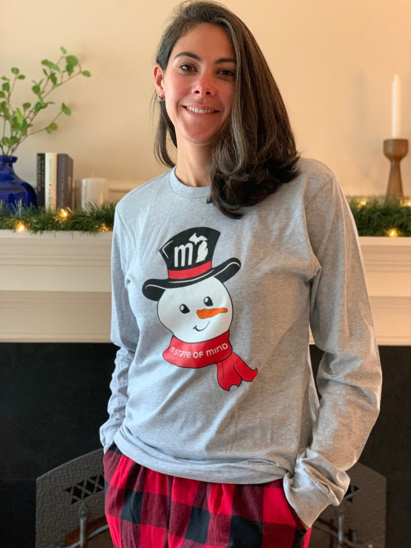 Load image into Gallery viewer, mi State of Mind Christmas shirt Heather Grey Long Sleeve T / S mi 2022 Christmas Shirts - Snowman (T&#39;s &amp; Long Sleeve)
