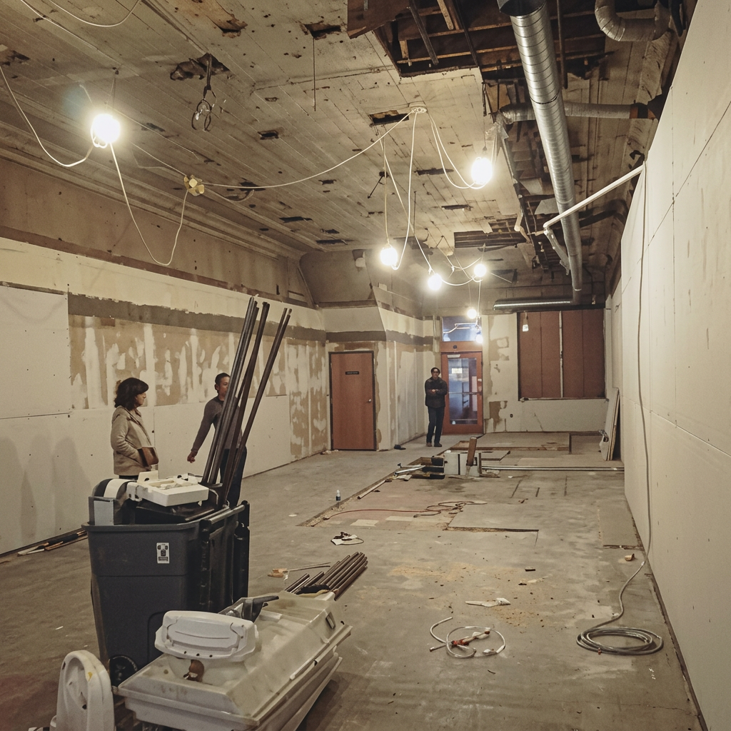 Original buildout of the Rochester shop — exposed ceiling, bare walls, sawdust on the floor