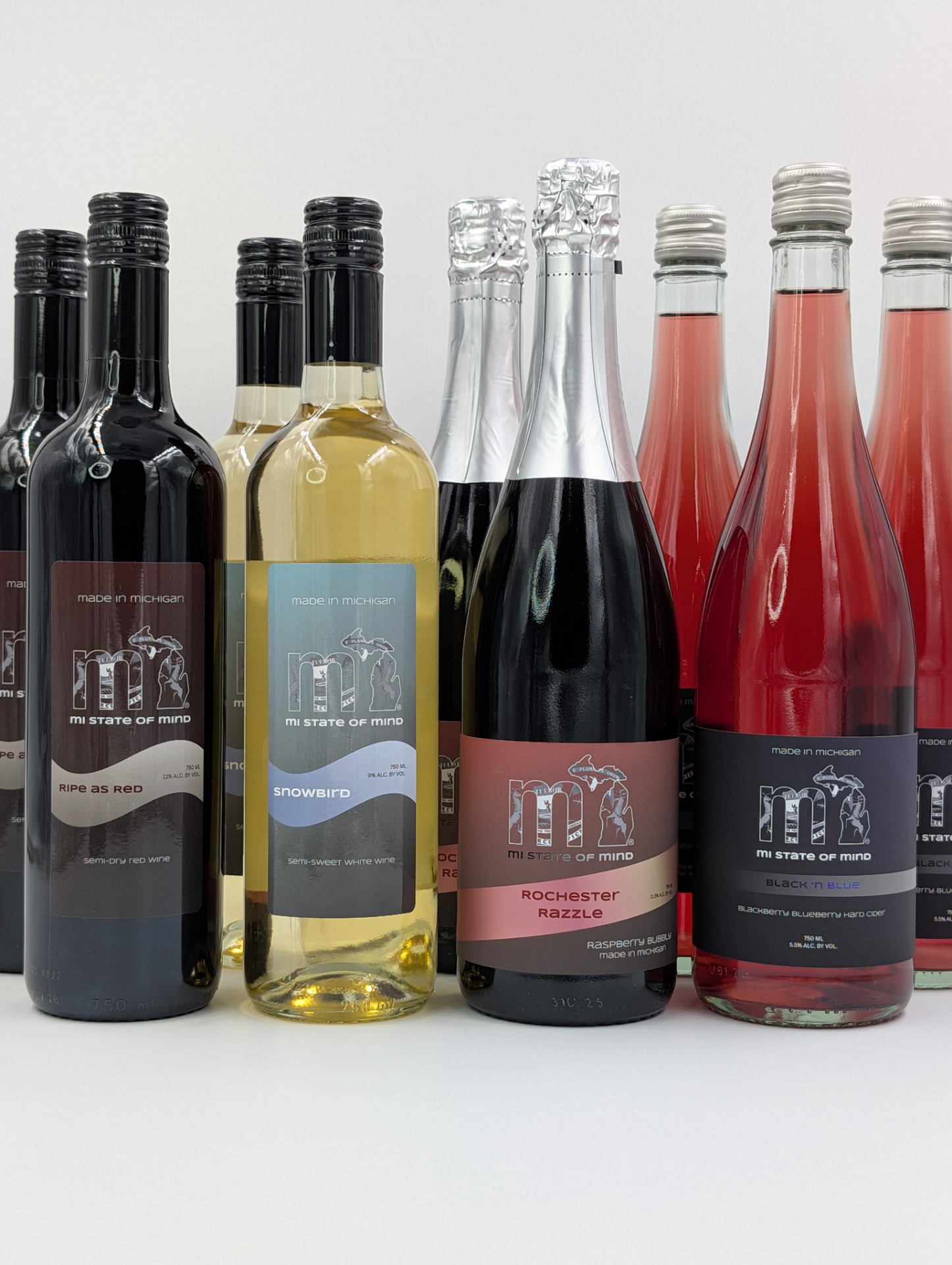 The mi wines lineup — Ripe as Red, Snowbird, Rochester Razzle, and Black 'n Blue