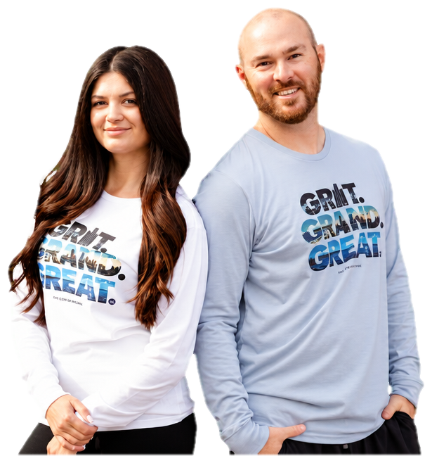 Two shoppers wearing mi State of Mind Grit. Grand. Great. long-sleeve shirts