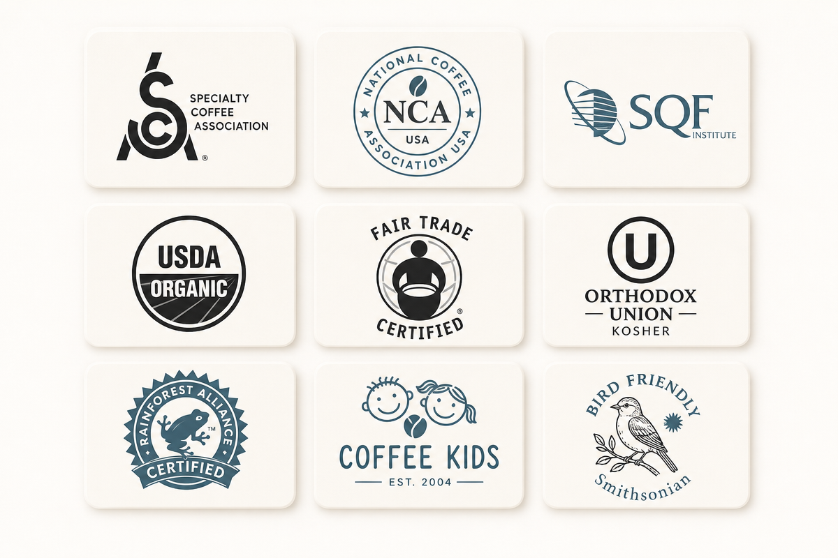mi Coffee certifications: Specialty Coffee Association, National Coffee Association, SQF, USDA Organic, Fair Trade Certified, Orthodox Union Kosher, Rainforest Alliance, Coffee Kids, and Bird Friendly Smithsonian