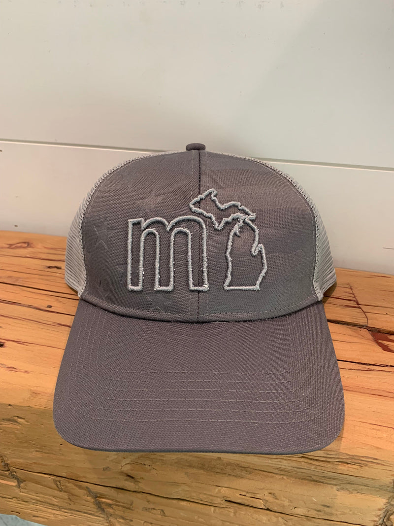 Load image into Gallery viewer, mi State of Mind adjustable cap Grey mi Flag Outline Puff Cap
