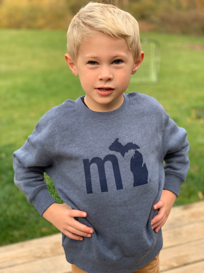 Load image into Gallery viewer, mi State of Mind youth crewneck sweatshirt Storm Blue Heather / XS mi Youth Crewneck Sweatshirt
