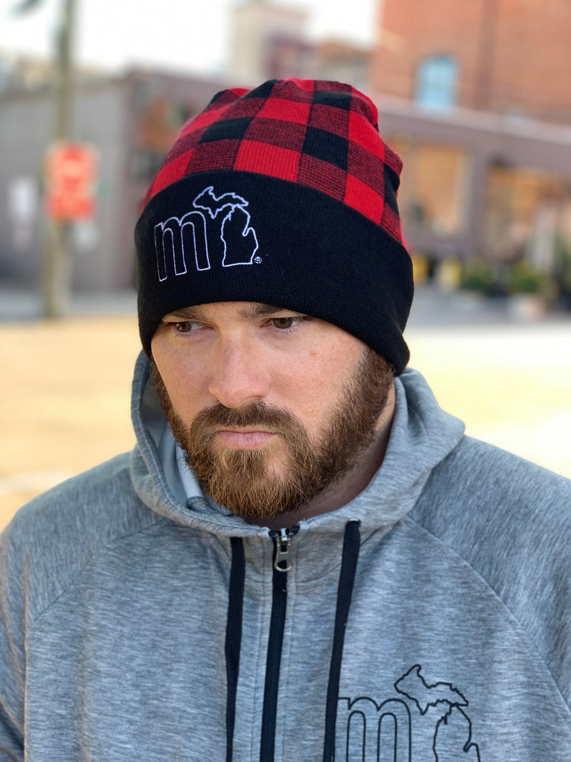 Load image into Gallery viewer, mi State of Mind beanie Red/Black Plaid mi Plaid Beanies

