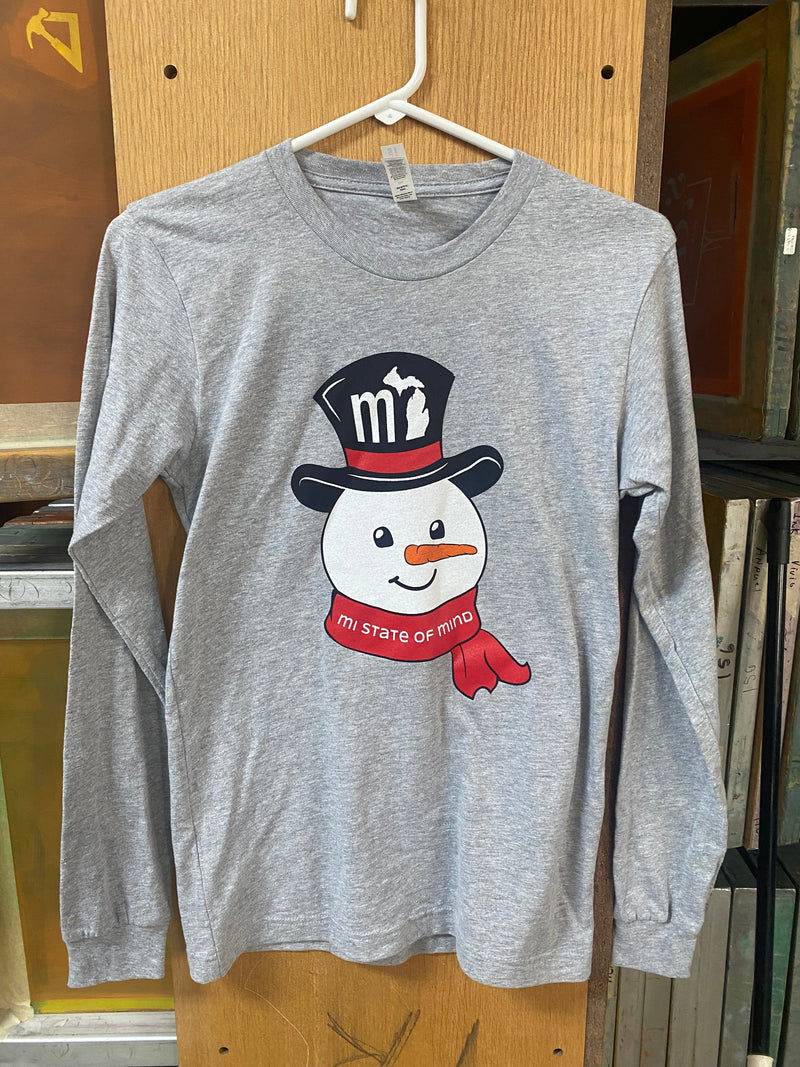 Load image into Gallery viewer, mi State of Mind Christmas shirt Heather Grey Long Sleeve T / S mi 2022 Christmas Shirts - Snowman (T&#39;s &amp; Long Sleeve)
