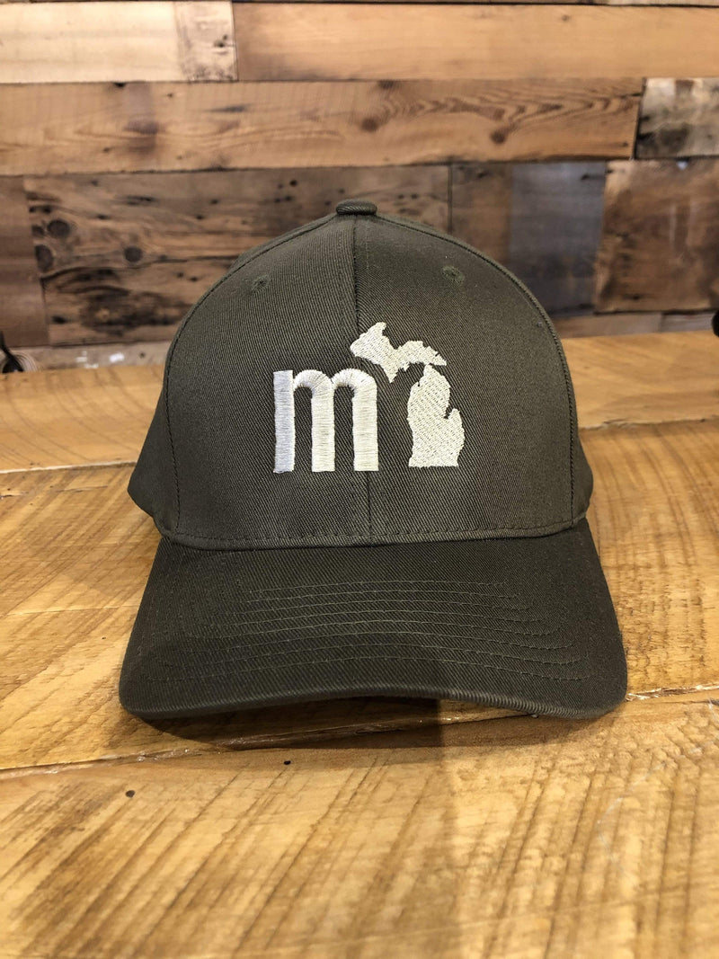 Load image into Gallery viewer, mi State of Mind Headwear Olive Green w/ Tan Logo / S/M mi Fitted FlexFit Cap (NEW! 4 colors)

