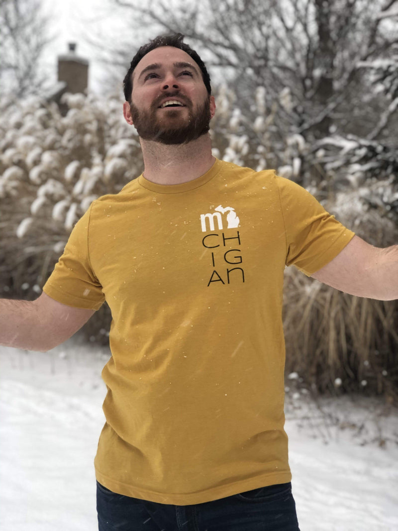 Load image into Gallery viewer, mi State of Mind T-shirt Michigander &quot;mi-ch-ig-an&quot; Unisex Mustard T
